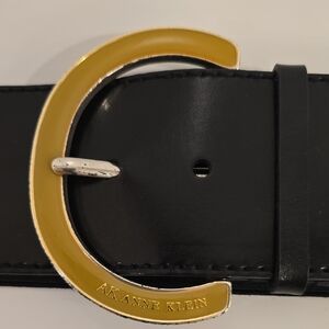 Anne Klein Woman's Black Leather & Elastic Belt with Gold Enamel & Silver Buckle